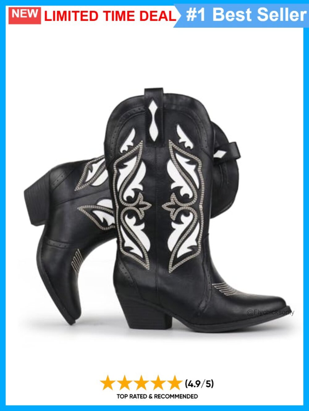Embroidered Western Cowboy Boots Pointed Toe Chunky Block Heel Pull On